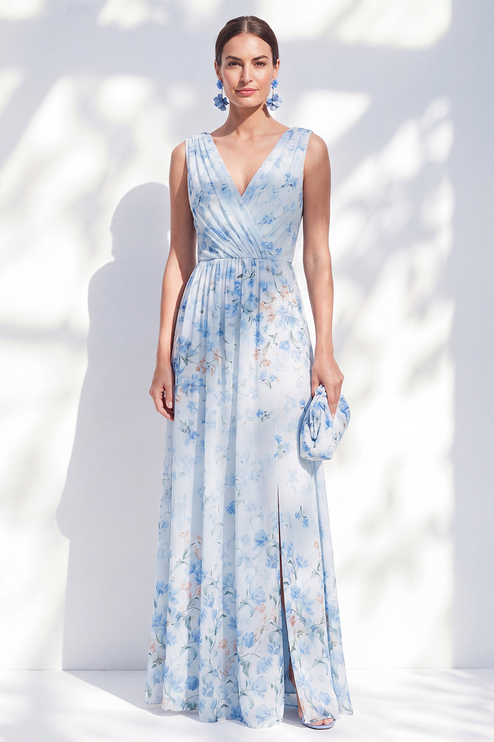 Blue A Line V-Neck Floral Maxi Wedding Guest Dress with Slit
