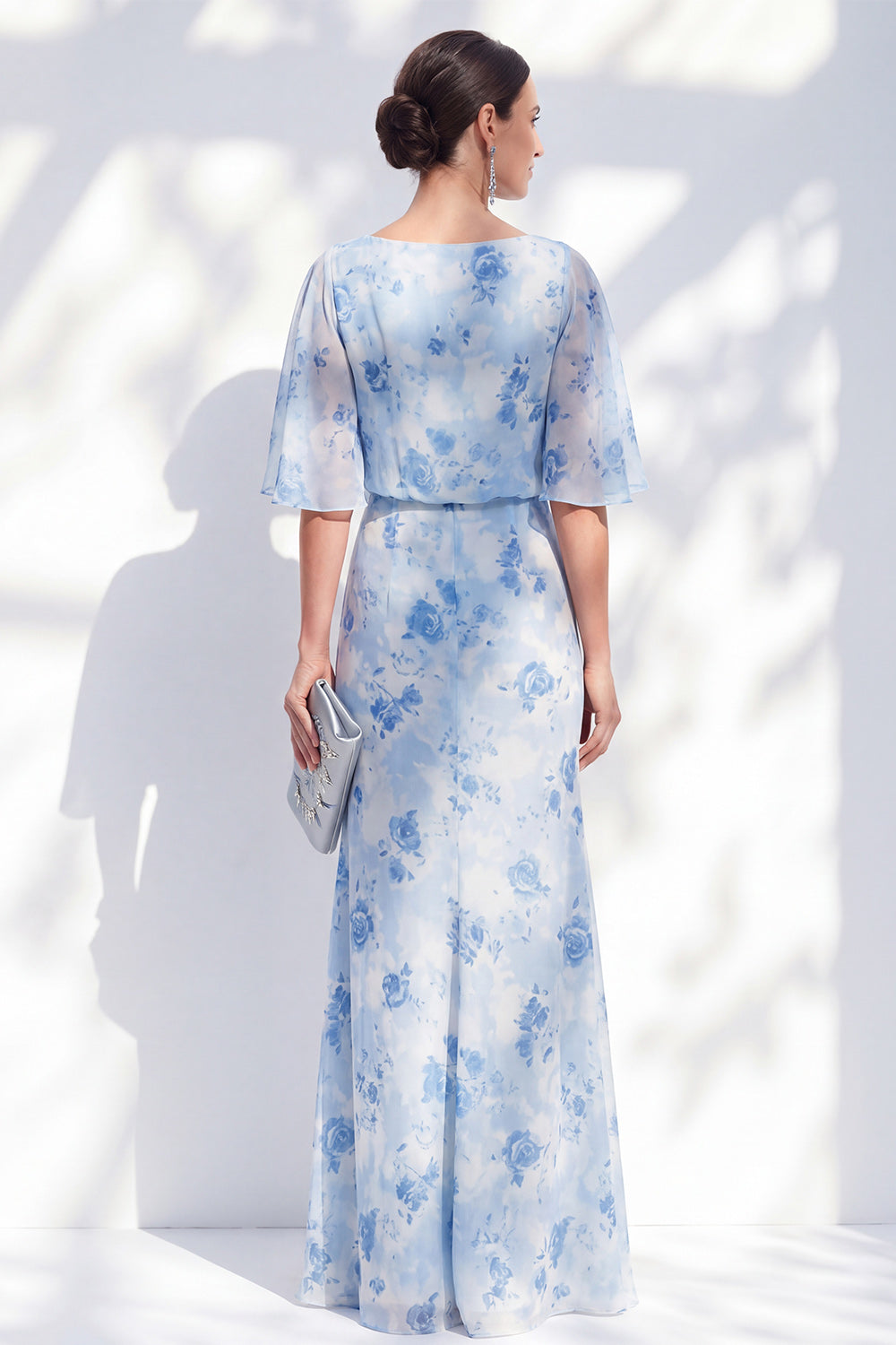 Light Blue Sheath Boat Neck Floral Half Sleeves Long Wedding Guest Dress