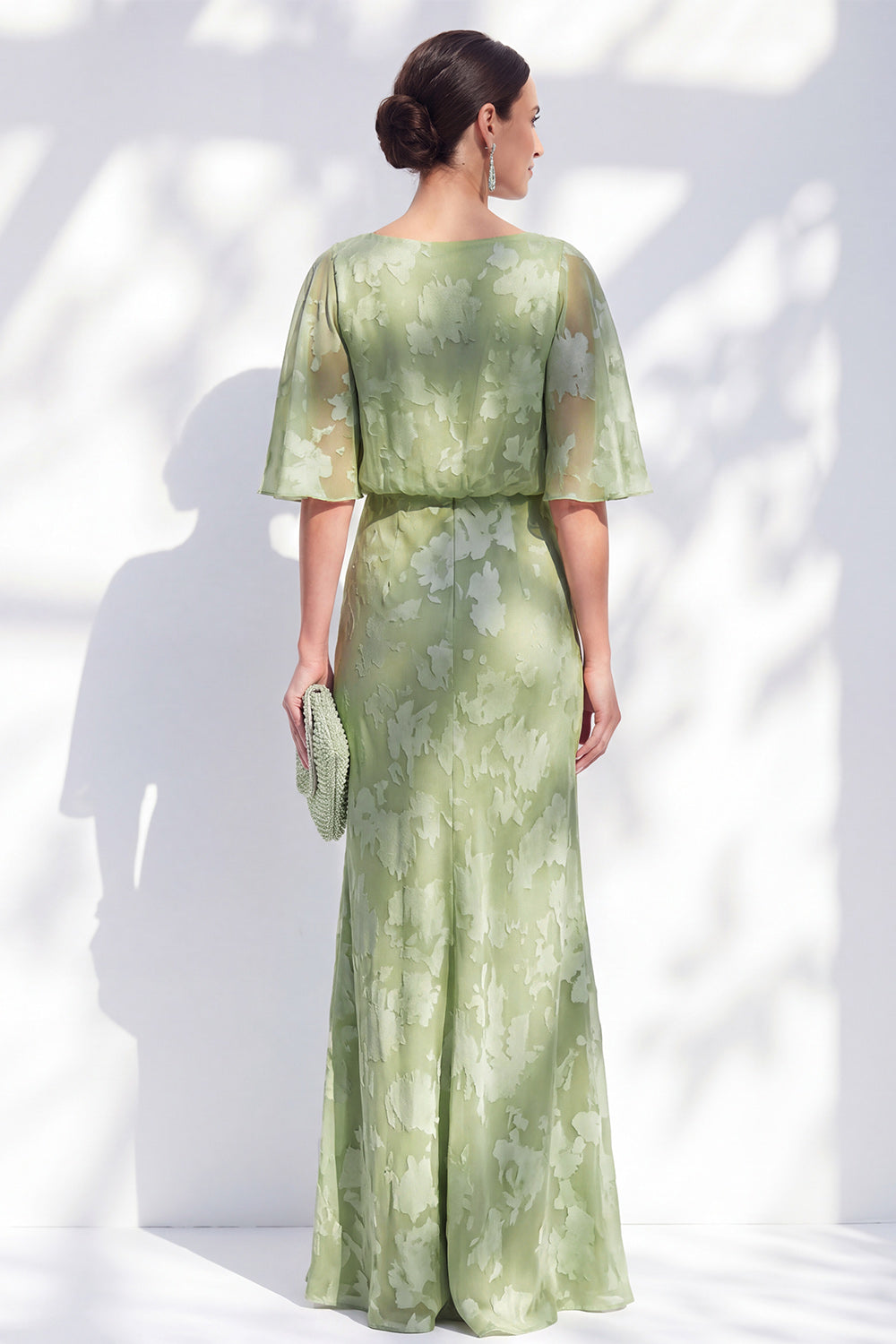 Floral Sage Green Sheath Boat Neck Long Wedding Guest Dress