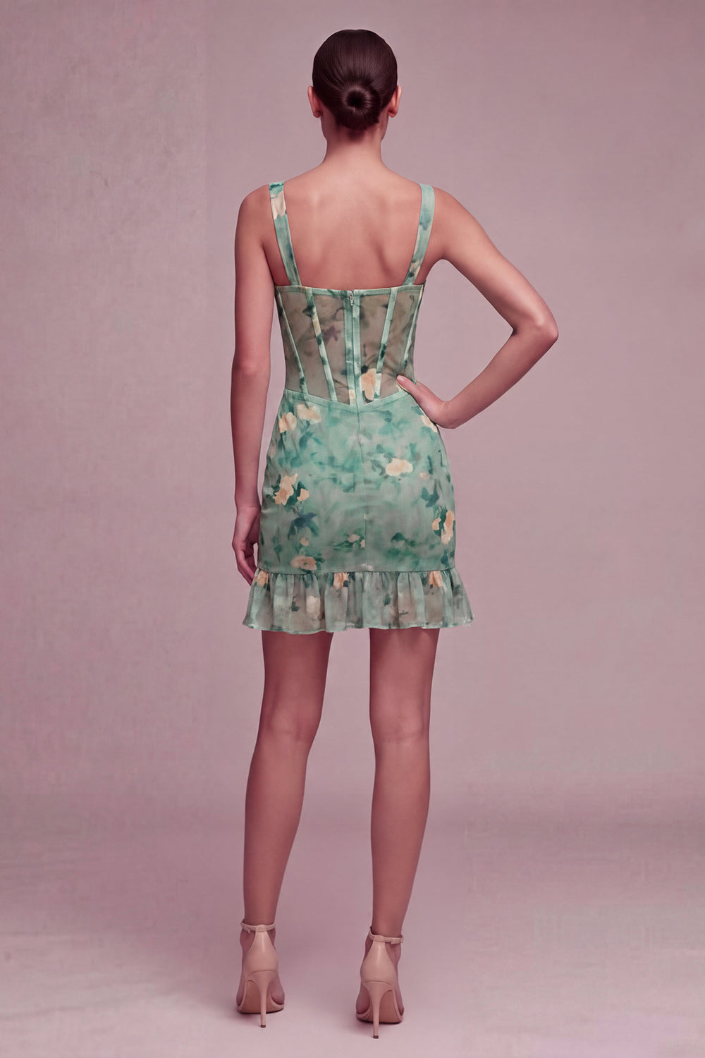 Light Green Corset Floral Ruffled Tight Short Homecoming Dress