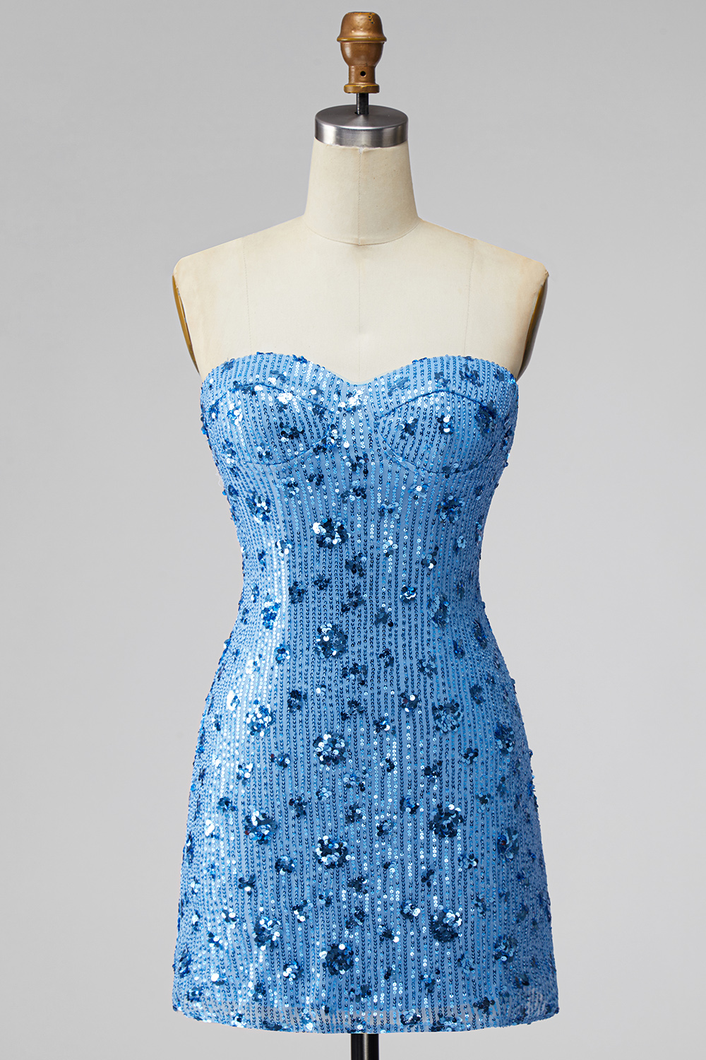 Sparkly Sky Blue Floral Strapless Sequins Short Tight Homecoming Dress