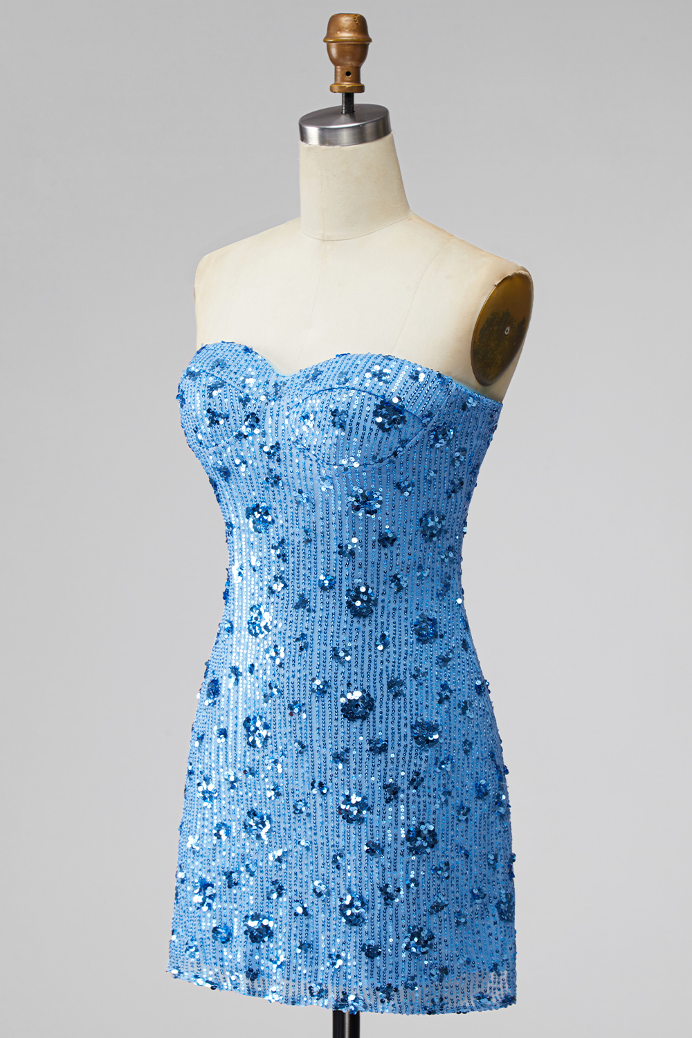 Sparkly Sky Blue Floral Strapless Sequins Short Tight Homecoming Dress