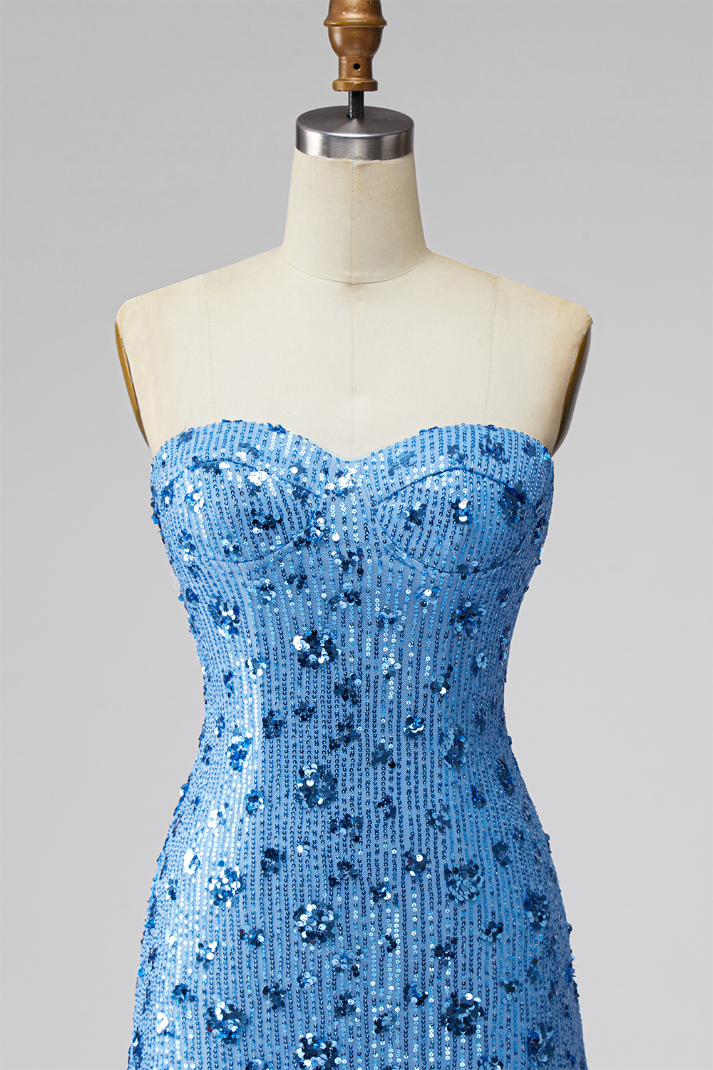 Sparkly Sky Blue Floral Strapless Sequins Short Tight Homecoming Dress
