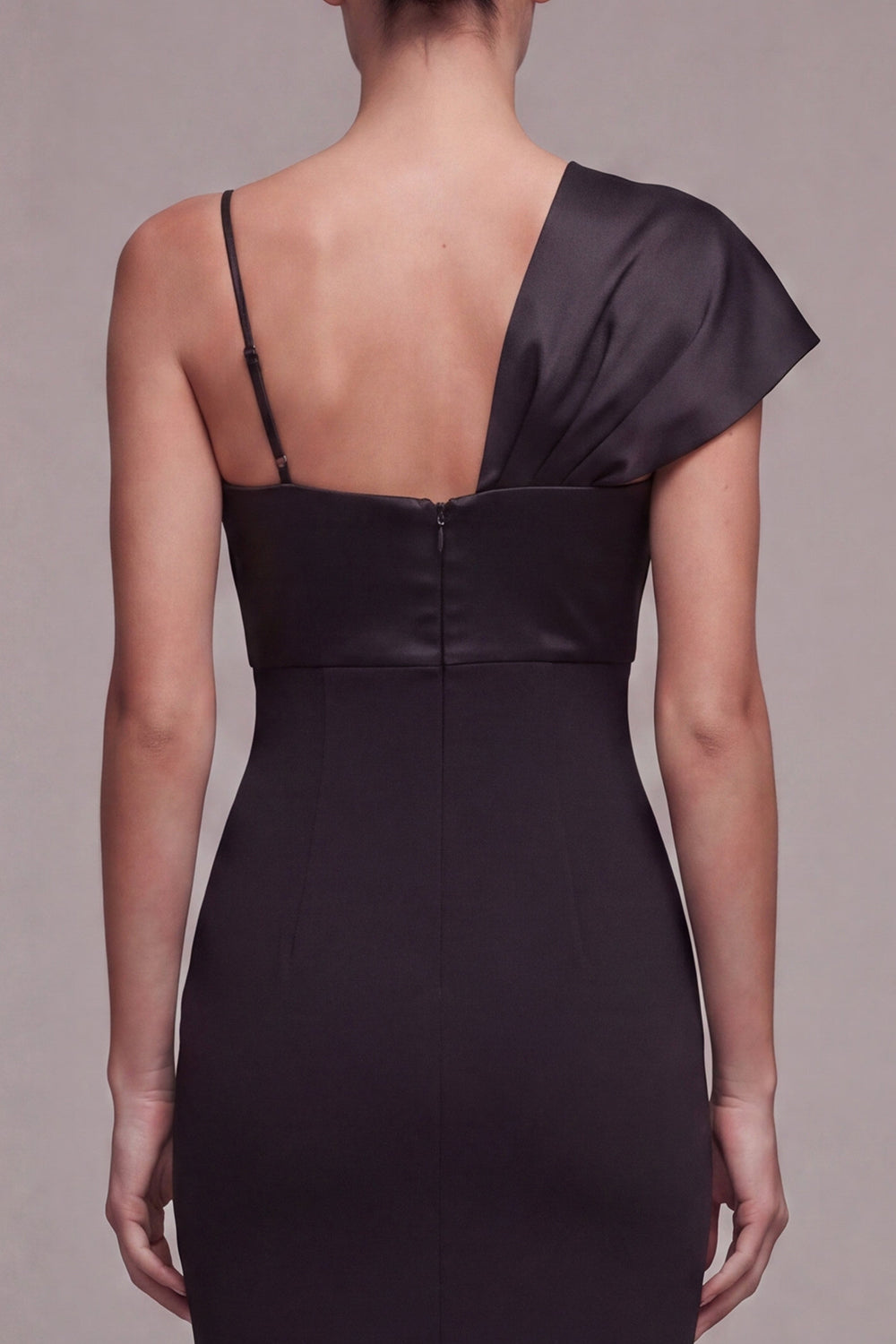 Mermaid Asymmetrical Neck Long Black Tie Dress with Bow