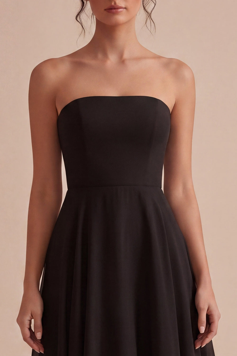 Simple Strapless Chiffon A Line Long Black Tie Dress