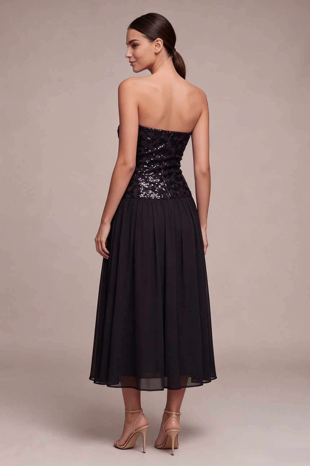 A Line Sweetheart Sparkly Long Black Tie Dress with Sequins