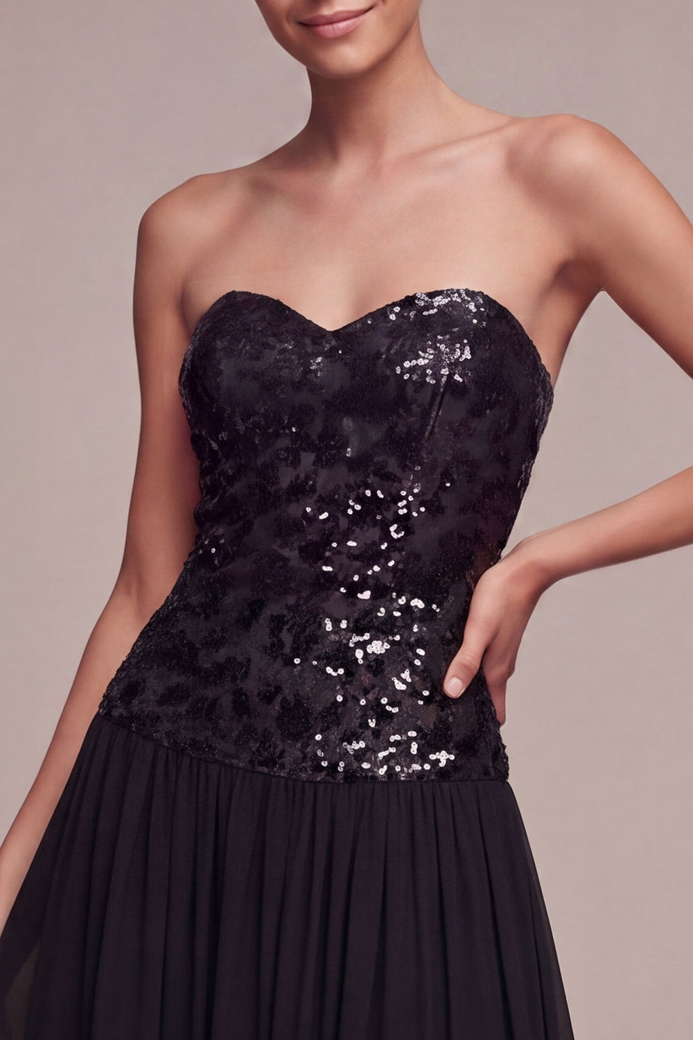 A Line Sweetheart Sparkly Long Black Tie Dress with Sequins