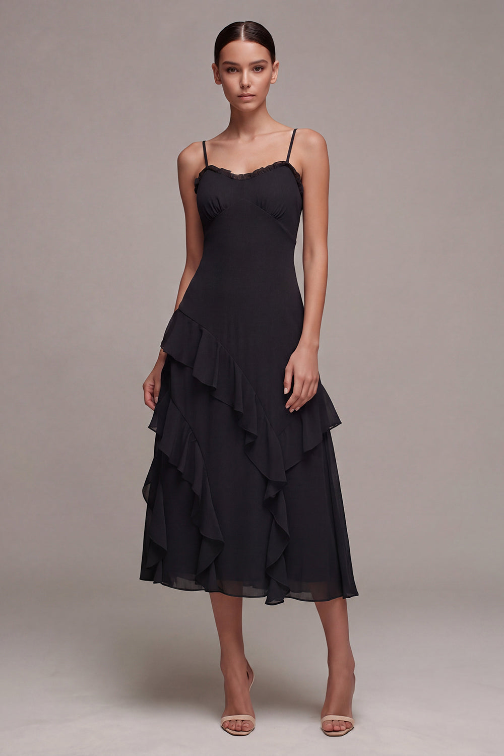 A Line Spaghetti Straps Ruffled Long Black Tie Dress