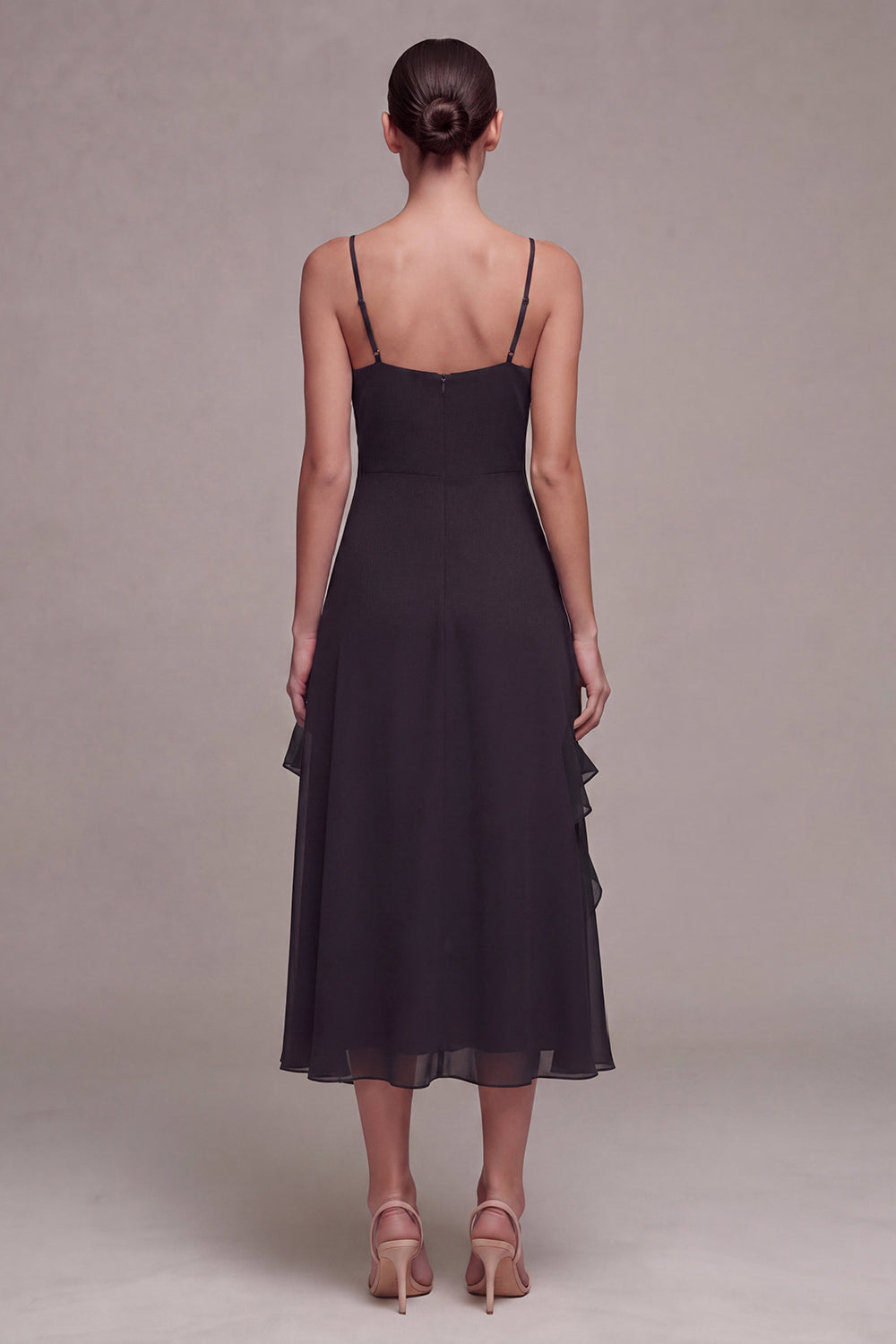 A Line Spaghetti Straps Ruffled Long Black Tie Dress