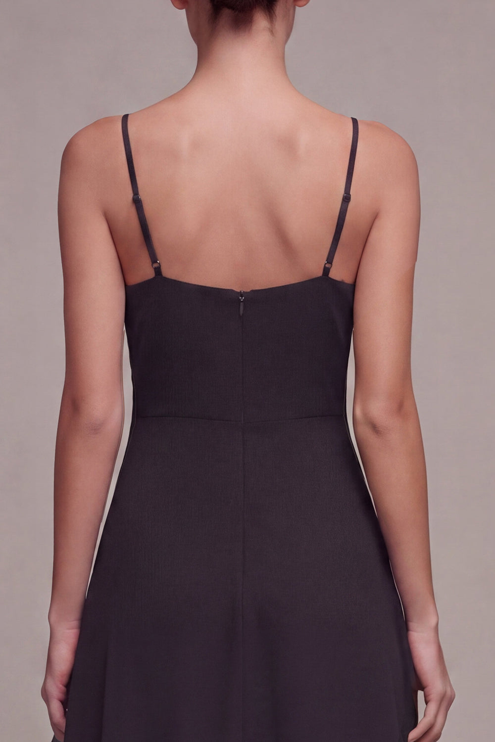 A Line Spaghetti Straps Ruffled Long Black Tie Dress