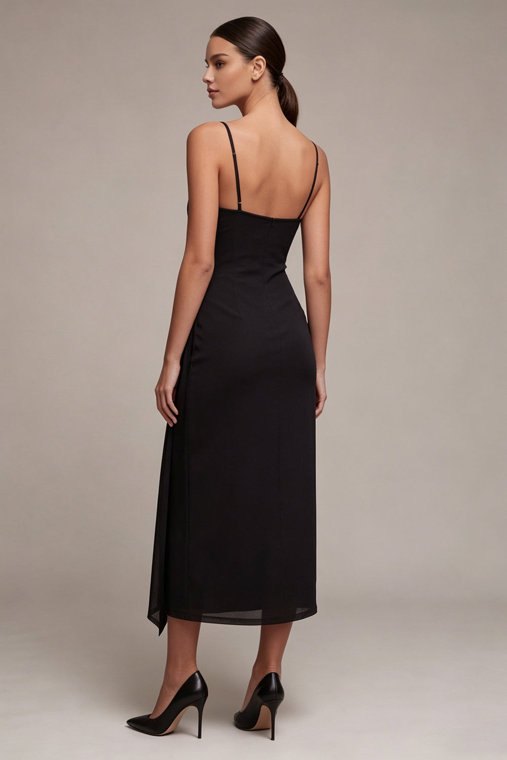 Sheath Ruched Chiffon Spaghetti Straps Long Black Tie Dress
