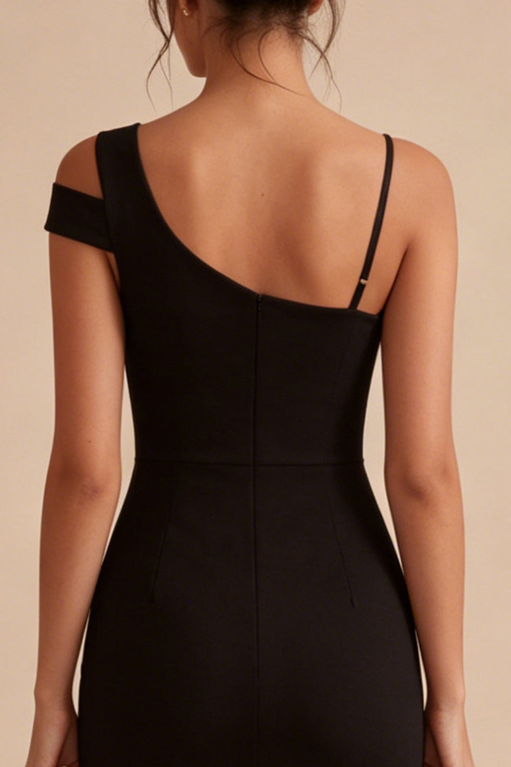 Asymmetrical Neck Bodycon Little Black Dress with Slit