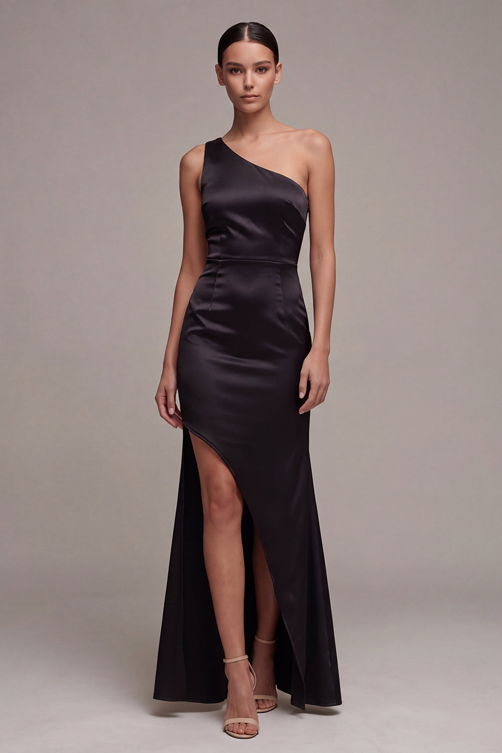 One Shoulder Satin Mermaid Long Black Tie Dress with Slit