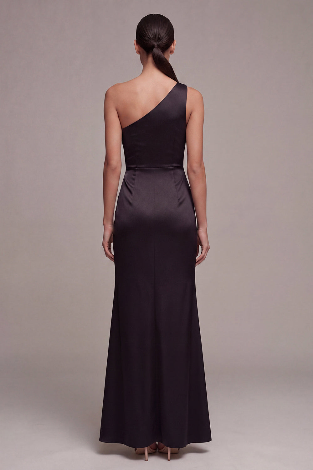 One Shoulder Satin Mermaid Long Black Tie Dress with Slit