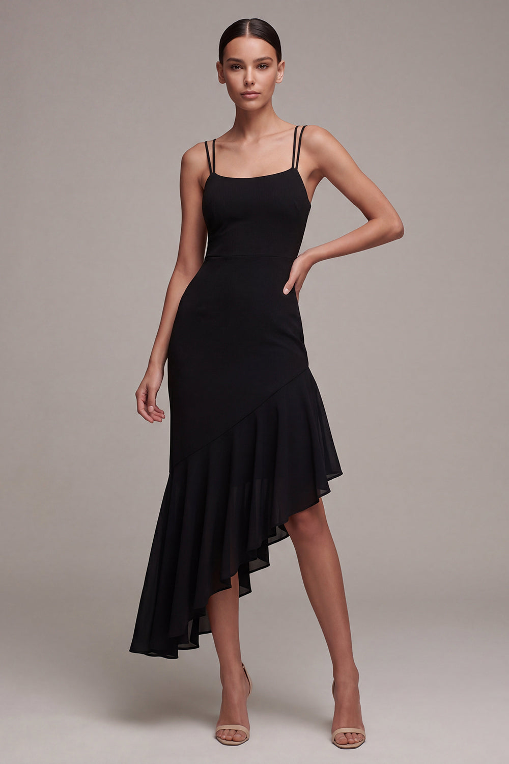 Black Spaghetti Straps Mermaid Asymmetrical Evening Dress with Ruffles