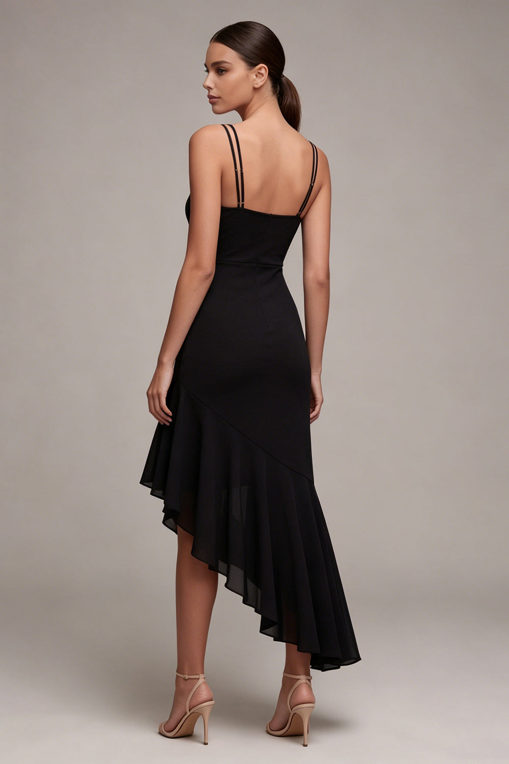 Black Spaghetti Straps Mermaid Asymmetrical Evening Dress with Ruffles