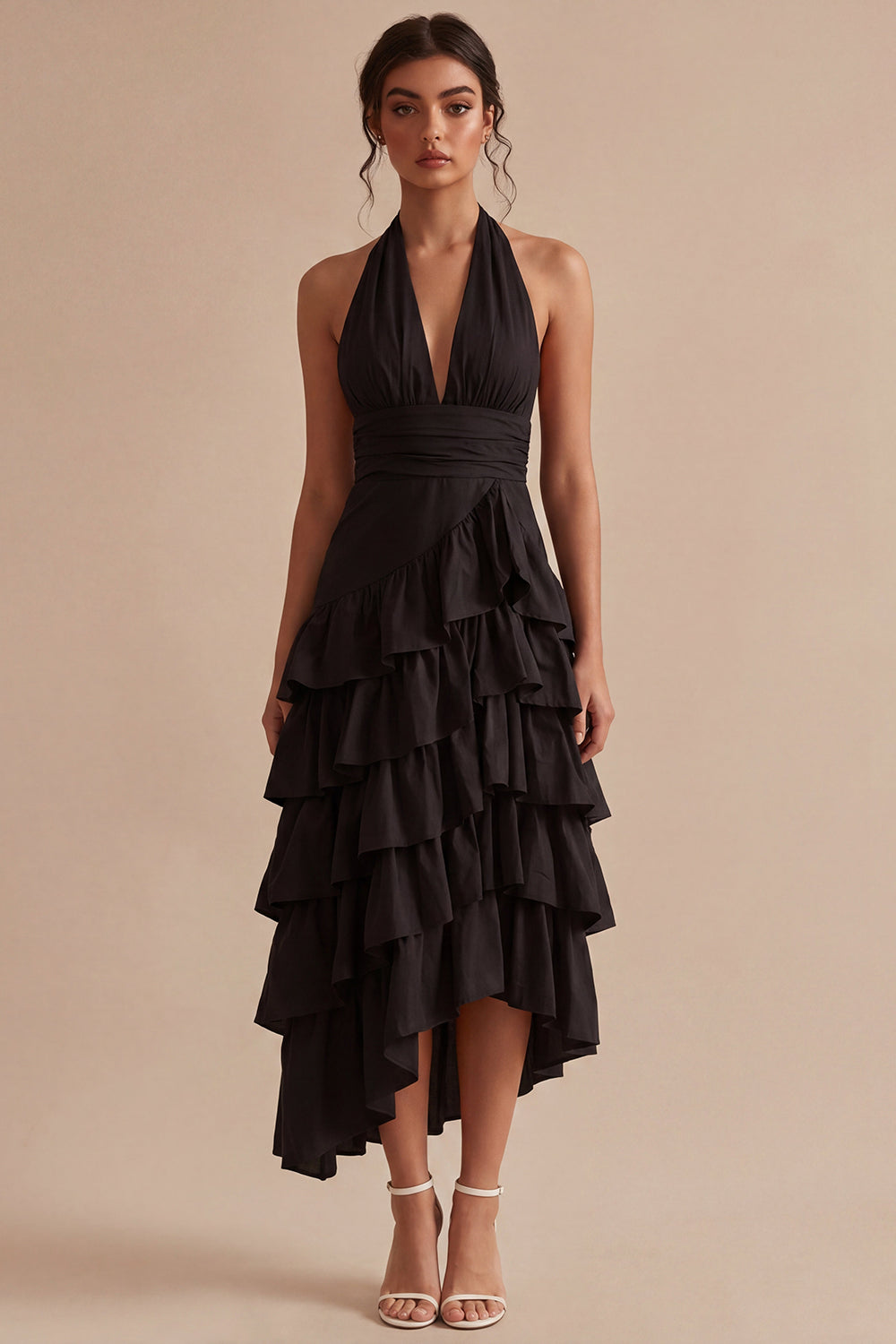 Halter Black A Line Backless Asymmetrical Evening Dress with Ruffles