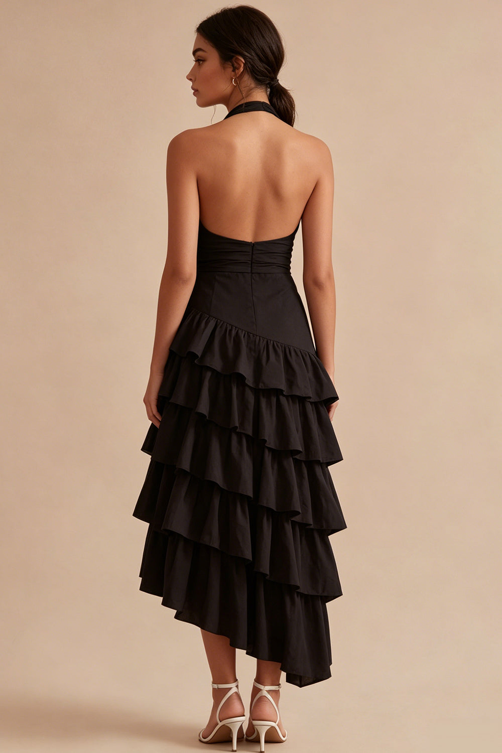 Halter Black A Line Backless Asymmetrical Evening Dress with Ruffles