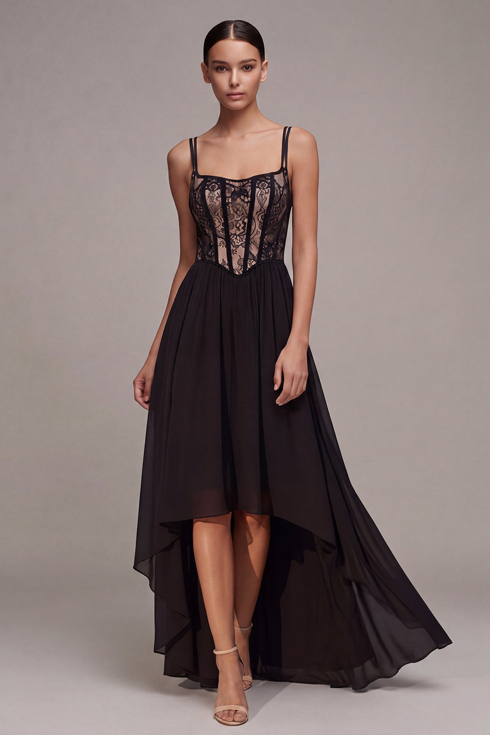 Corset A Line Spaghetti Straps High Low Black Tie Dress