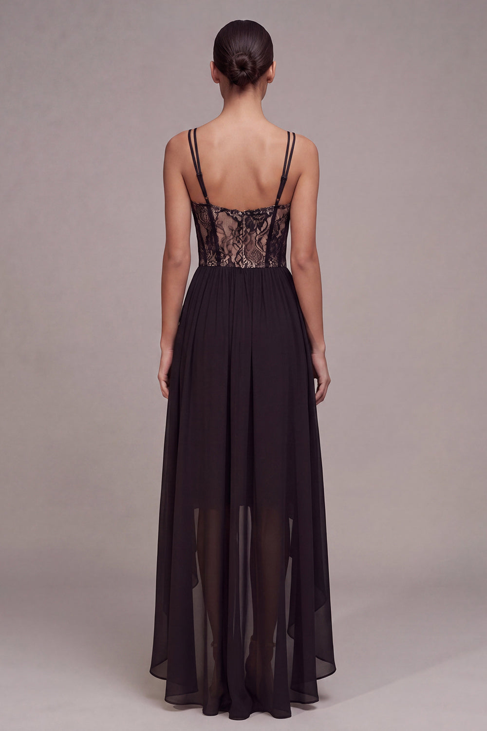 Corset A Line Spaghetti Straps High Low Black Tie Dress