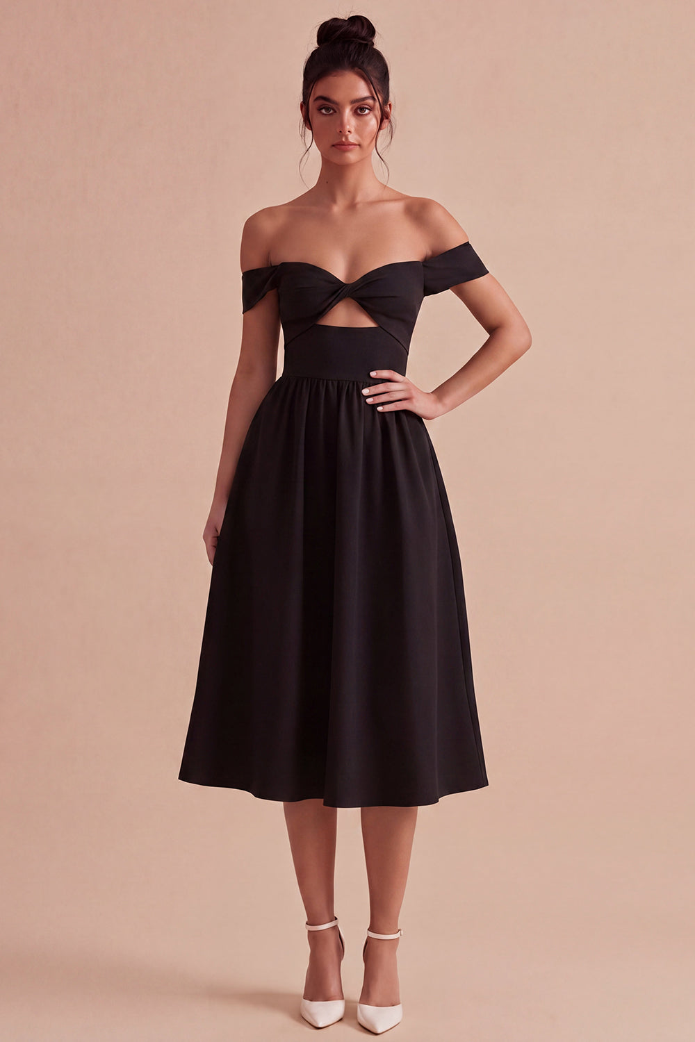Off the Shoulder Midi A Line Evening Dress with Keyhole