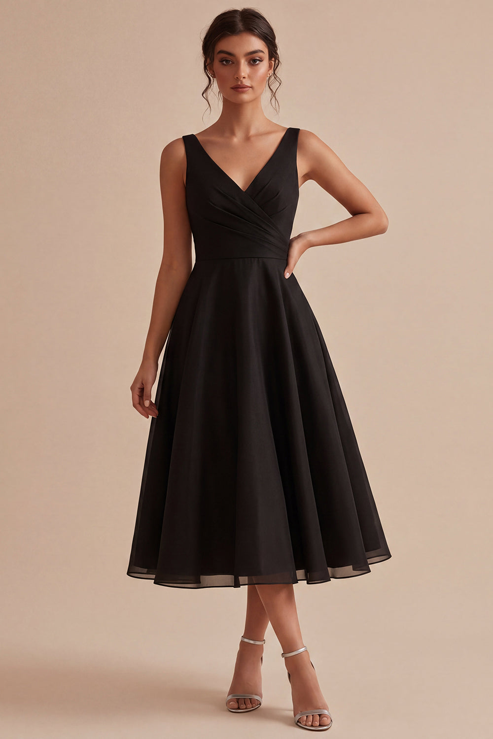 V-Neck Black Ruched A Line Maxi Evening Dress