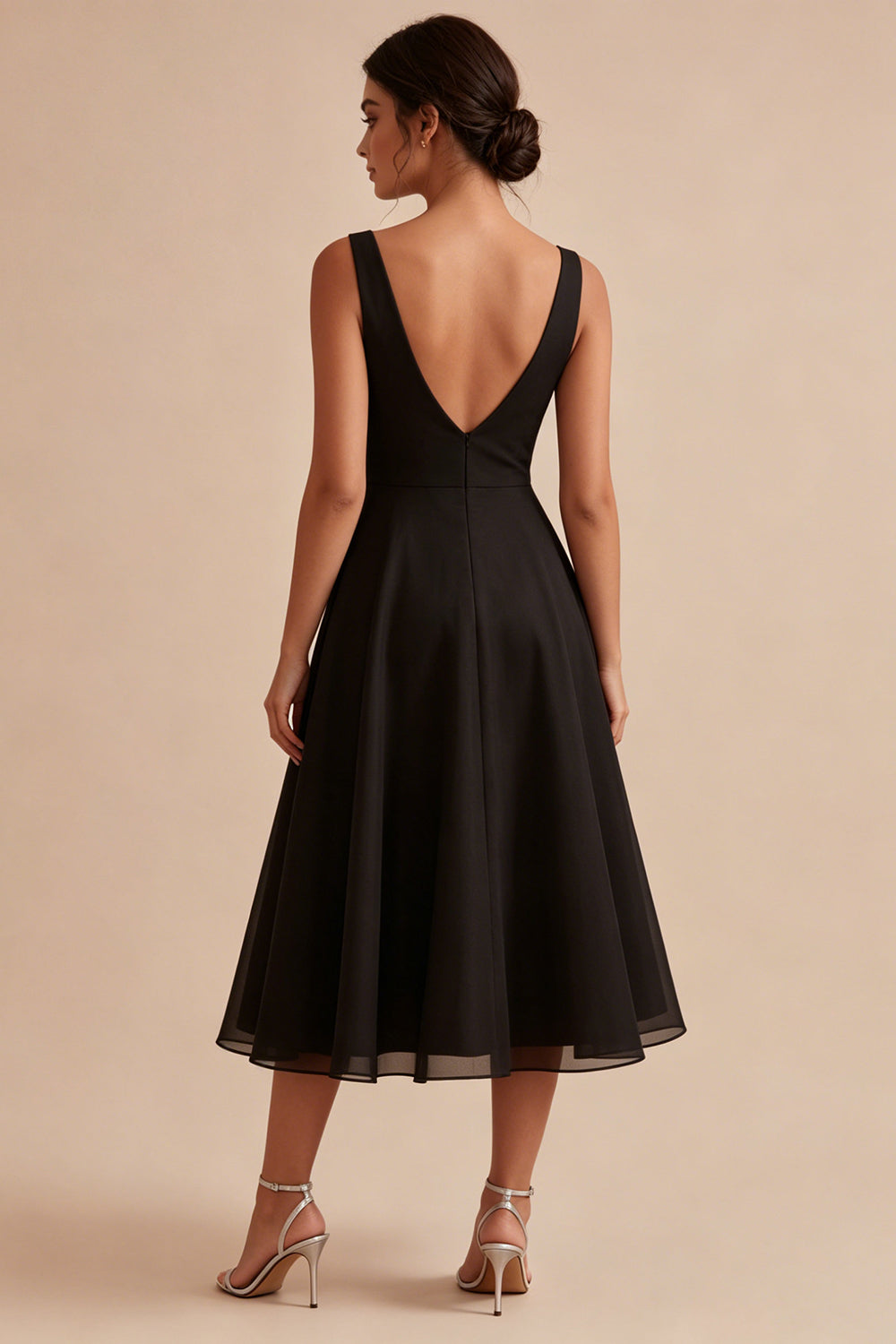 V-Neck Black Ruched A Line Maxi Evening Dress