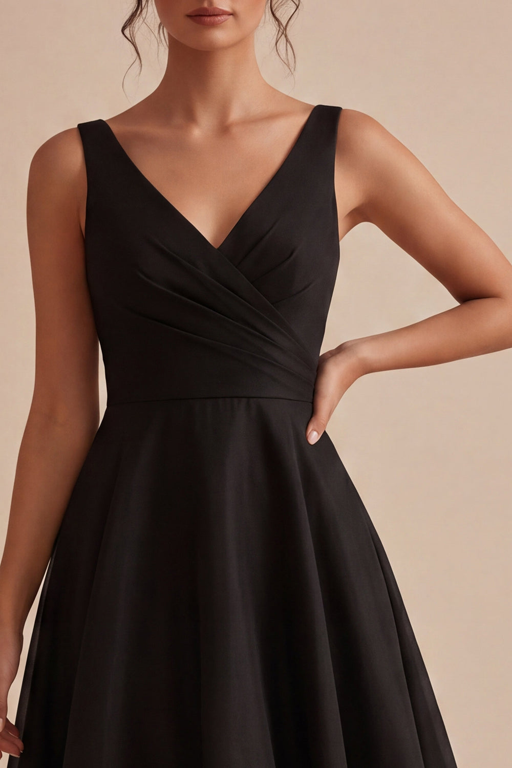 V-Neck Black Ruched A Line Maxi Evening Dress