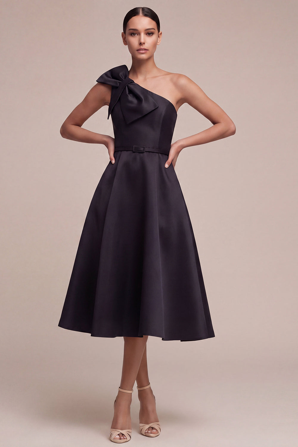 One Shoulder Satin A Line Maxi Black Tie Dress with Bow