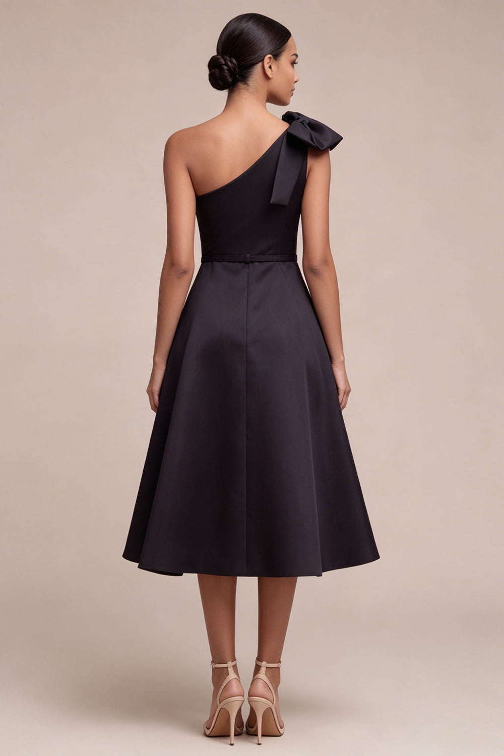 One Shoulder Satin A Line Maxi Black Tie Dress with Bow