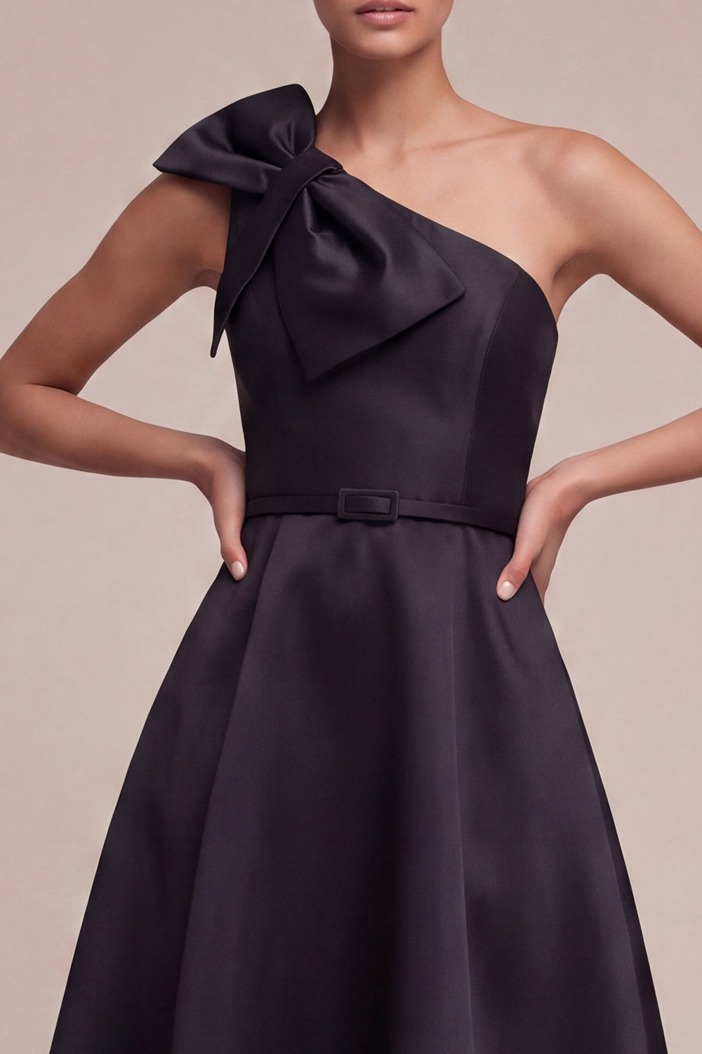 One Shoulder Satin A Line Maxi Black Tie Dress with Bow