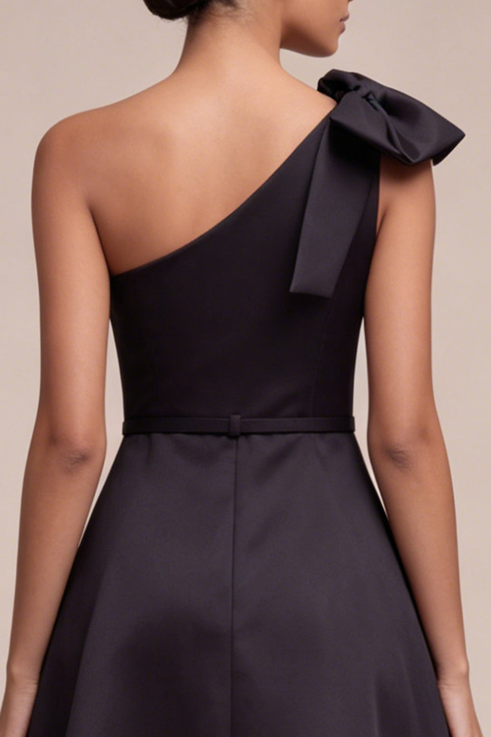 One Shoulder Satin A Line Maxi Black Tie Dress with Bow