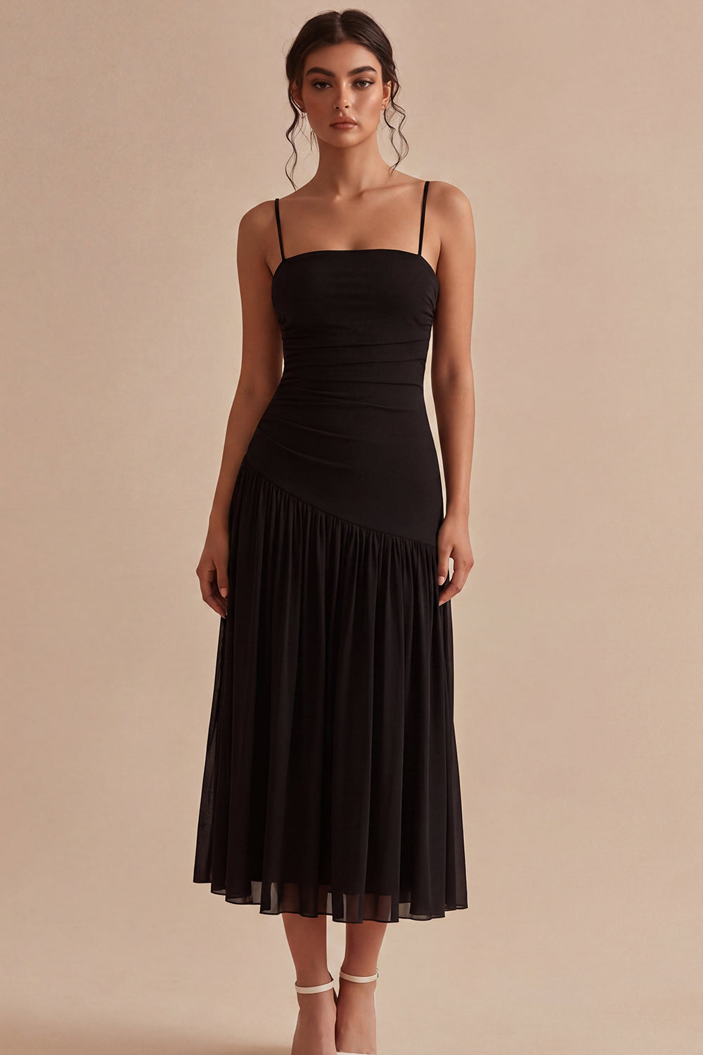 A Line Spaghetti Straps Pleated Ruched Long Black Tie Dress