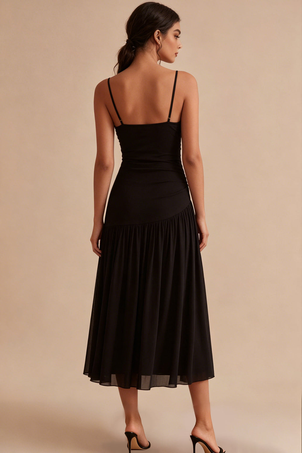 A Line Spaghetti Straps Pleated Ruched Long Black Tie Dress