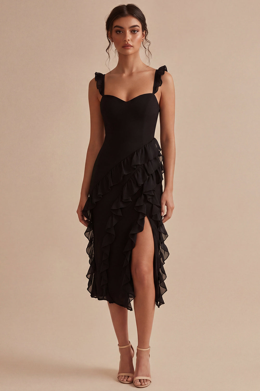 Black Ruffled Thick Straps Midi Evening Dress with Slit