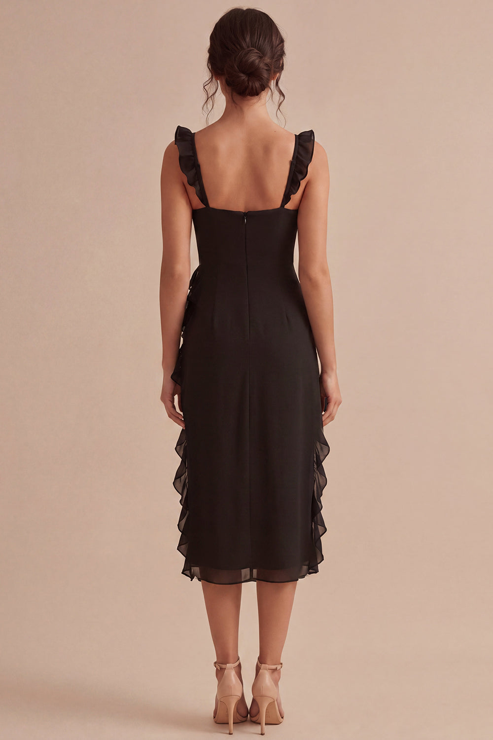 Black Ruffled Thick Straps Midi Evening Dress with Slit