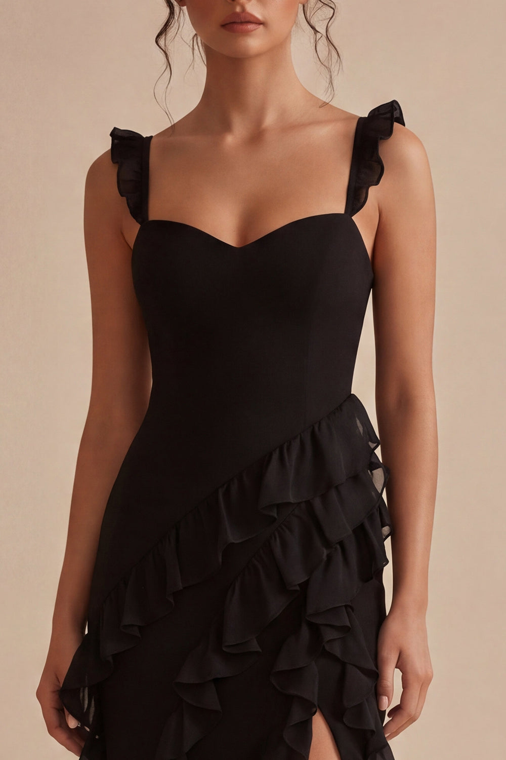 Black Ruffled Thick Straps Midi Evening Dress with Slit
