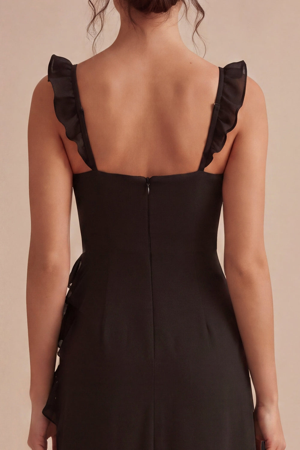 Black Ruffled Thick Straps Midi Evening Dress with Slit