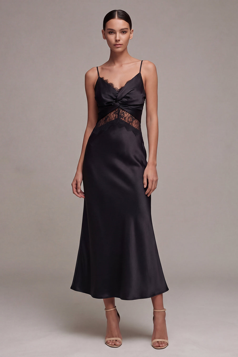 Mermaid Satin Spaghetti Straps Long Black Tie Dress with Lace