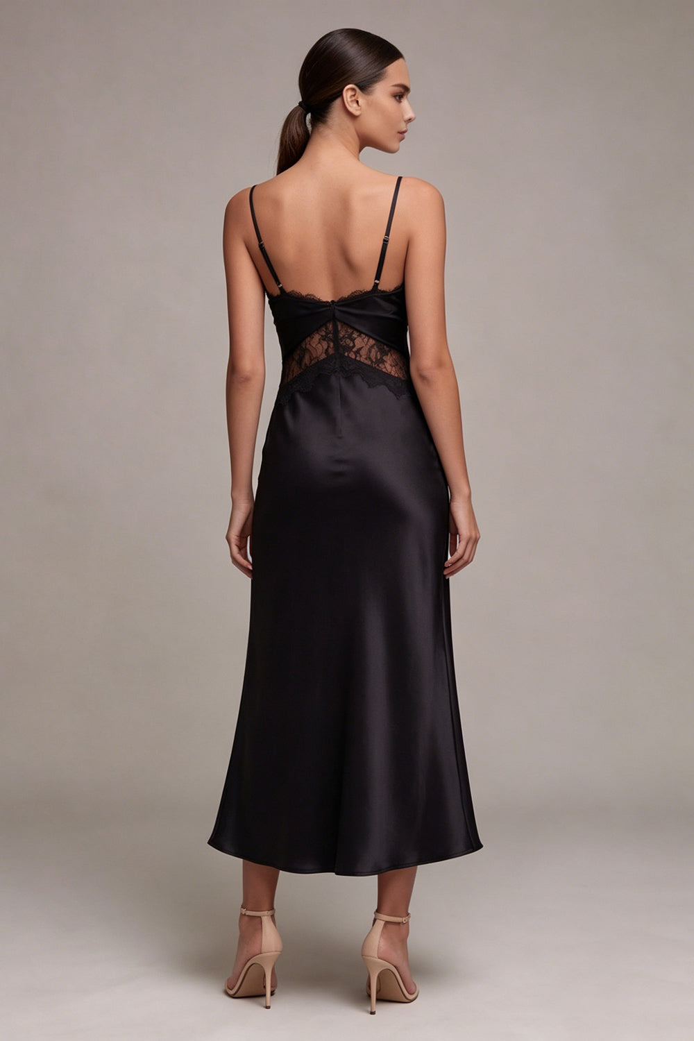 Mermaid Satin Spaghetti Straps Long Black Tie Dress with Lace