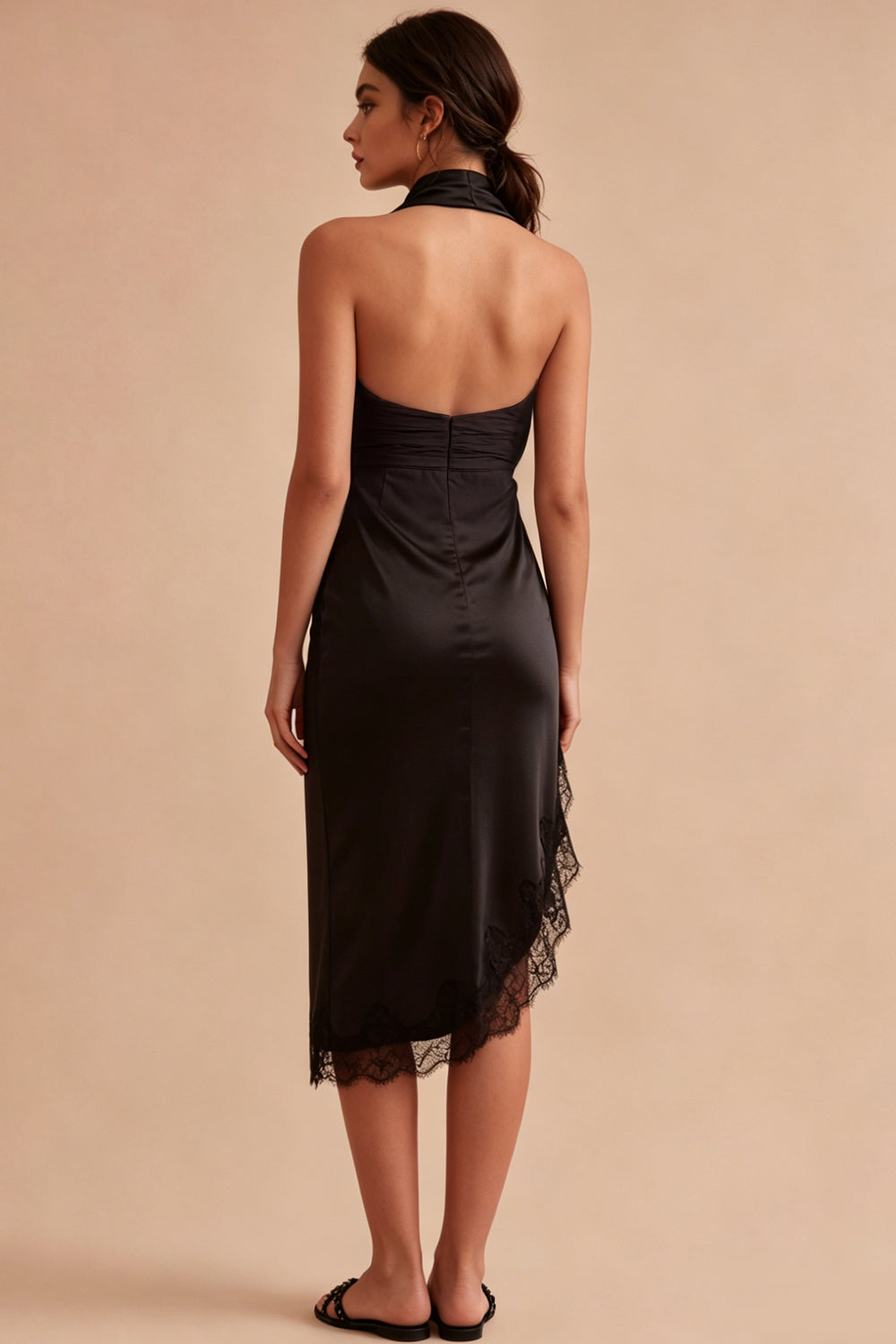 Black Halter Mermaid Backless Midi Evening Dress with Slit