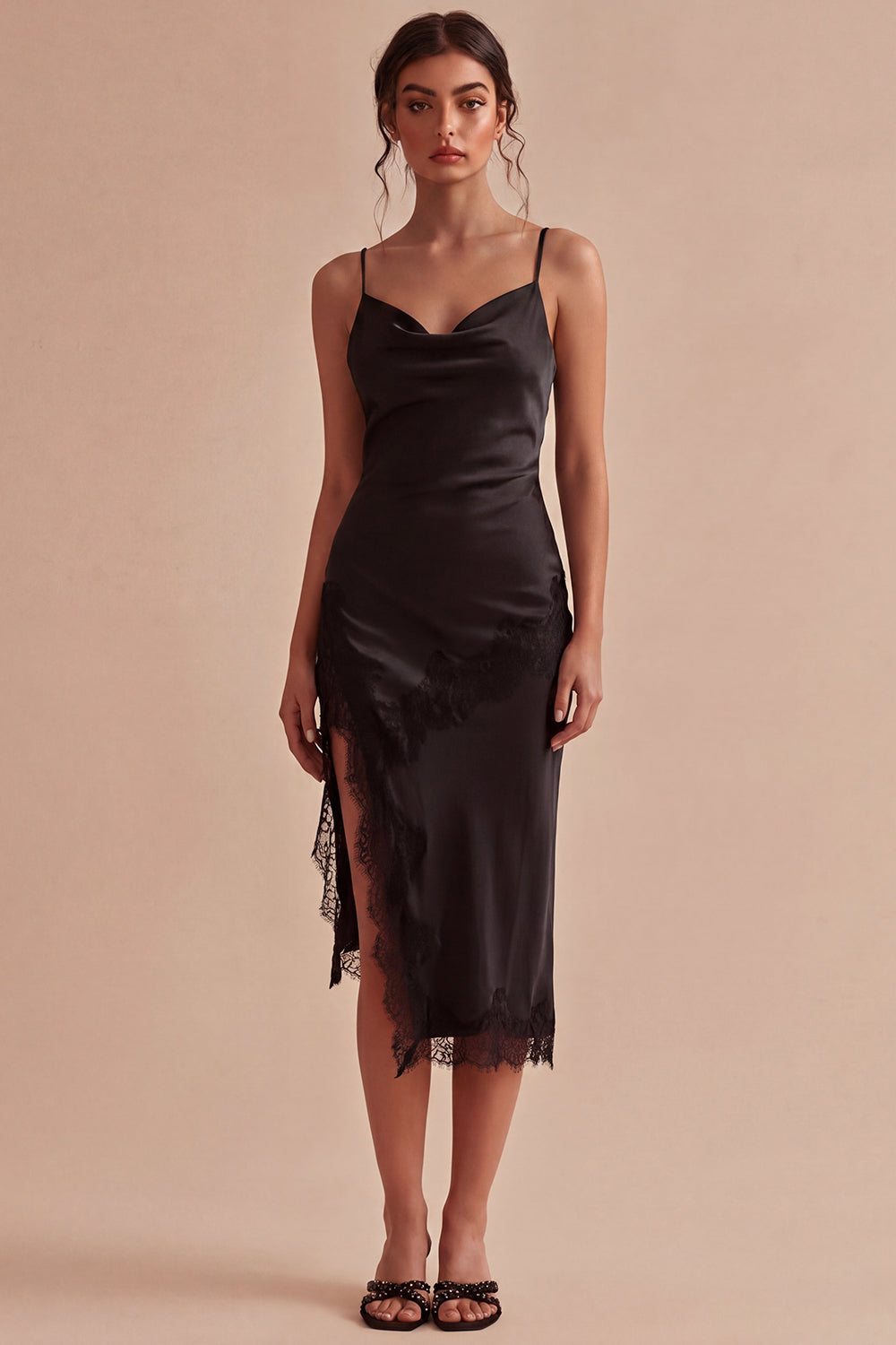 Black Bodycon Spaghetti Straps Midi Evening Dress with Slit