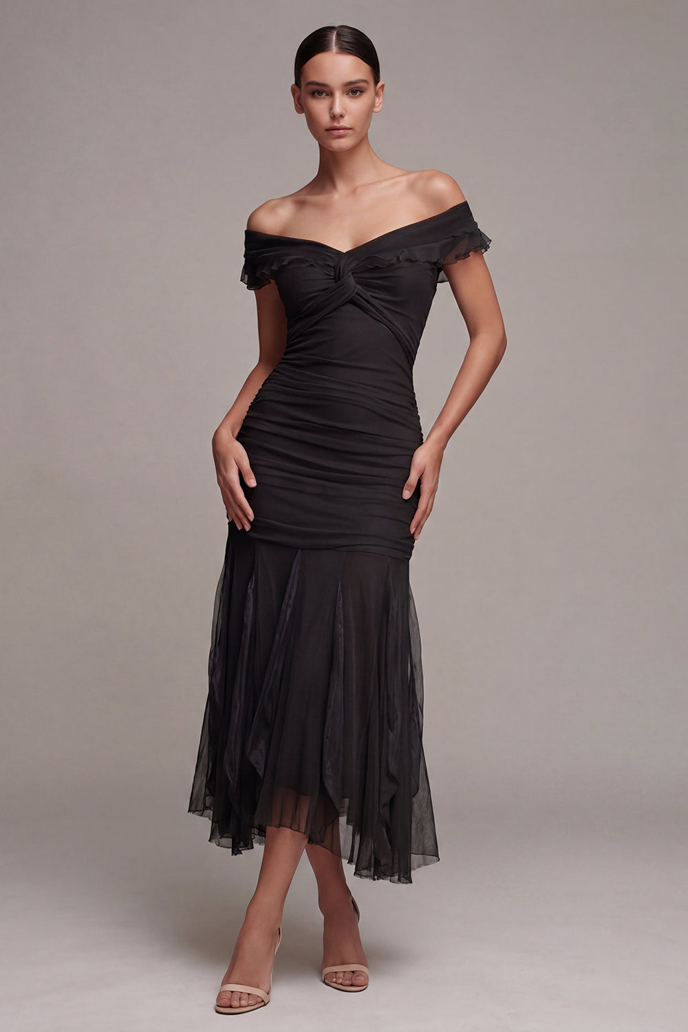 Mermaid Off the Shoulder Ruched Long Black Tie Dress with Ruffles