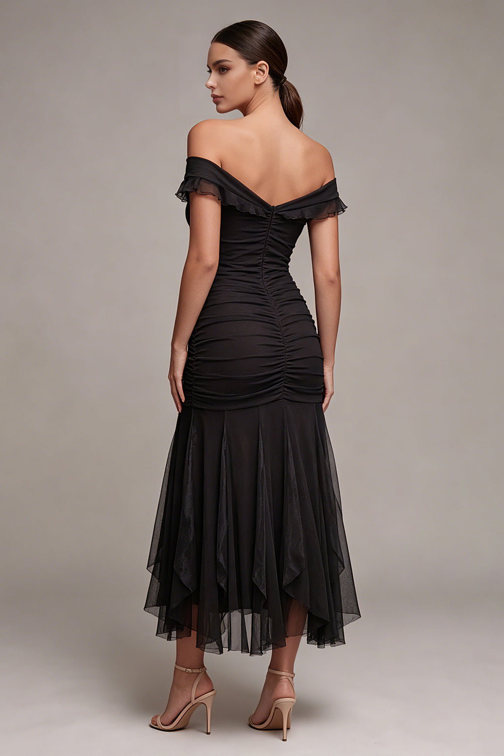 Mermaid Off the Shoulder Ruched Long Black Tie Dress with Ruffles