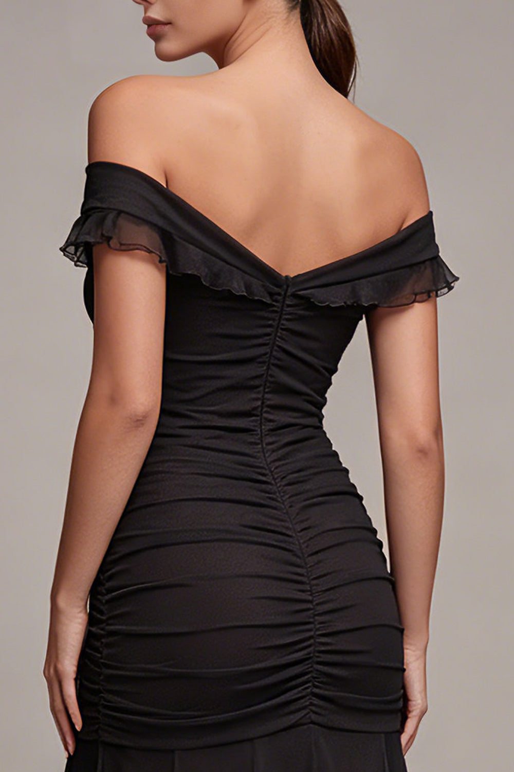 Mermaid Off the Shoulder Ruched Long Black Tie Dress with Ruffles