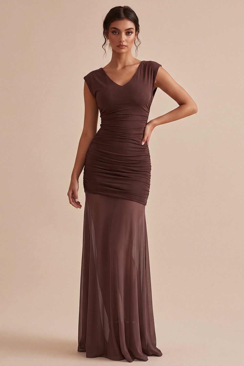 Brown Ruched V-Neck Cap Sleeves Long Mermaid Evening Dress