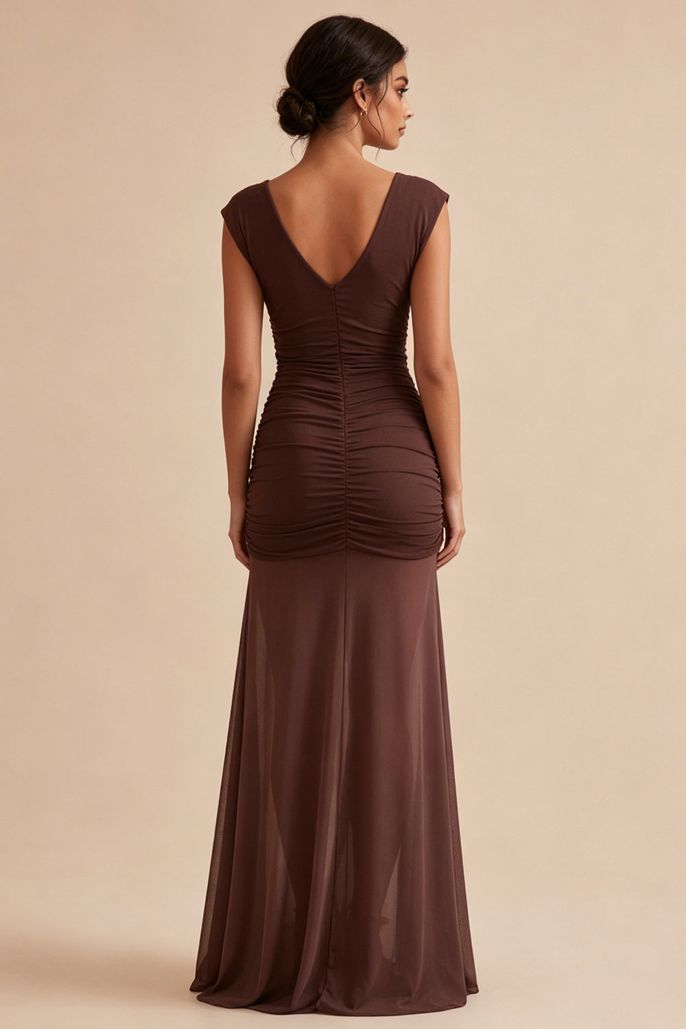 Brown Ruched V-Neck Cap Sleeves Long Mermaid Evening Dress