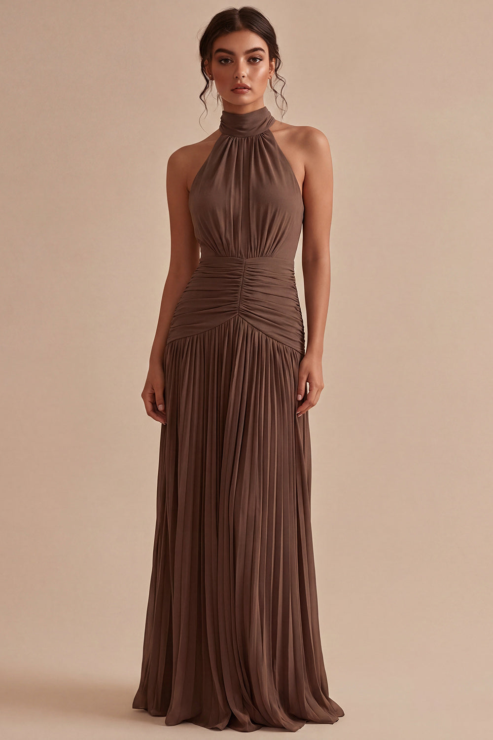 Dark Coffee Halter Pleated Ruched A Line Backless Long Evening Dress