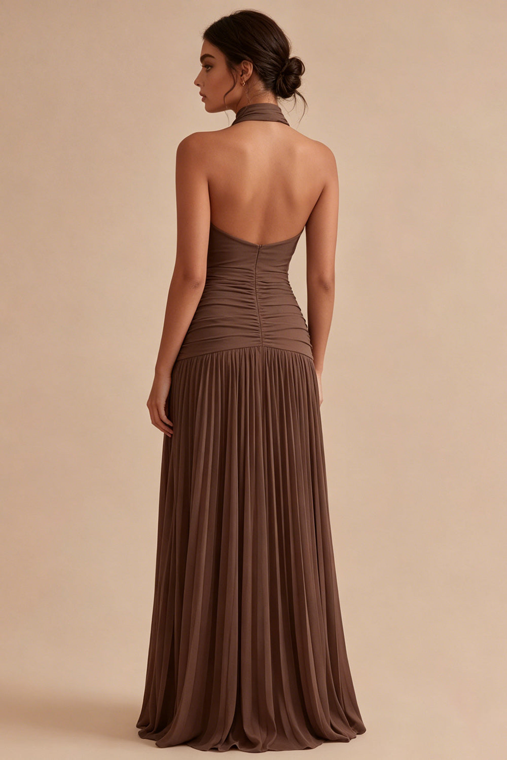 Dark Coffee Halter Pleated Ruched A Line Backless Long Evening Dress