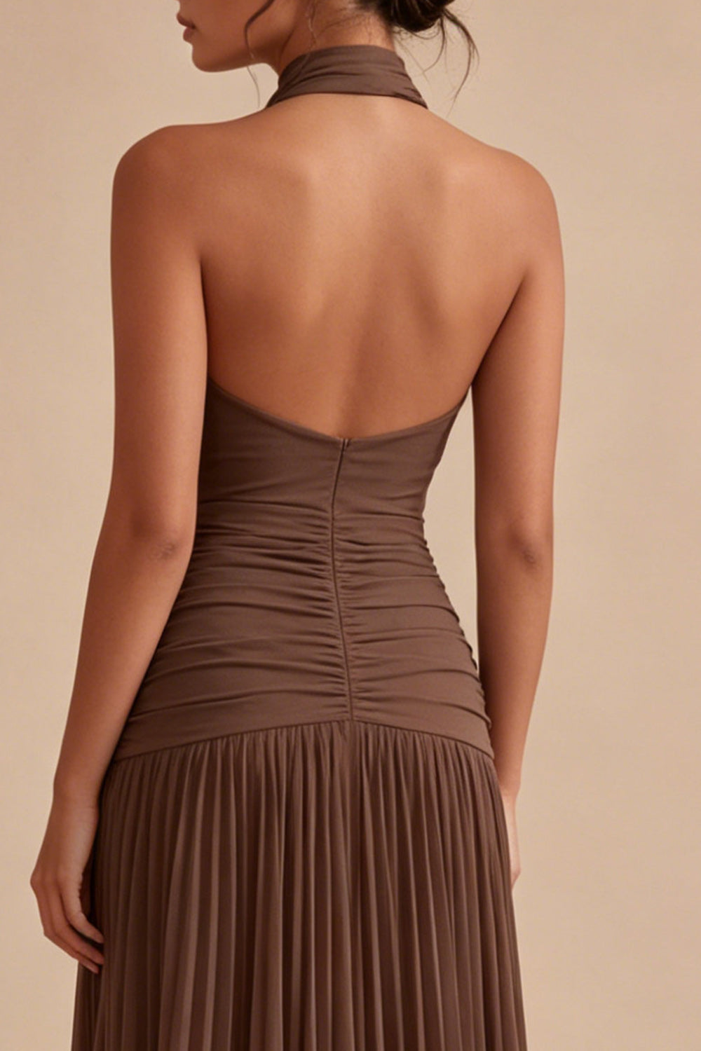 Dark Coffee Halter Pleated Ruched A Line Backless Long Evening Dress